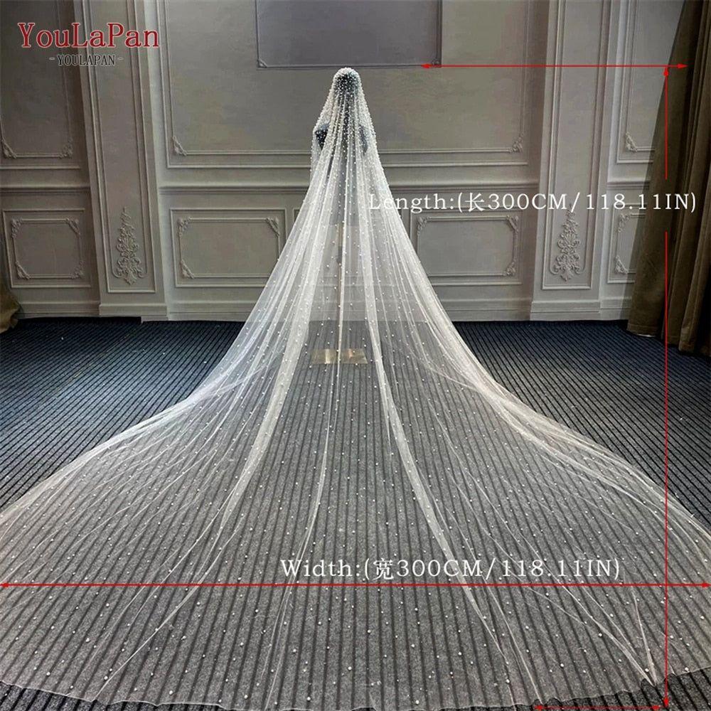 Luxury Pearl Beaded Bridal Veil 3M Cathedral Length Veils - Frimunt Clothing Co.
