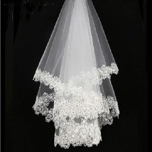 White Lace Edge White Tulle Short Bridal Wedding Veils One Tier Sequined 120cm - Frimunt Clothing Co.