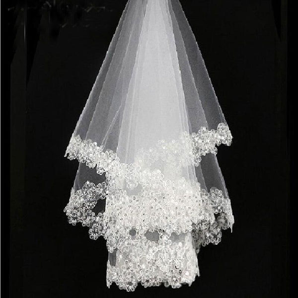White Lace Edge White Tulle Short Bridal Wedding Veils One Tier Sequined 120cm