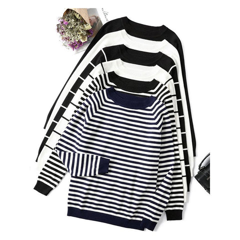 Women's Spring Autumn Long Sleeve Striped Knitted O-Neck Pullover Sweater