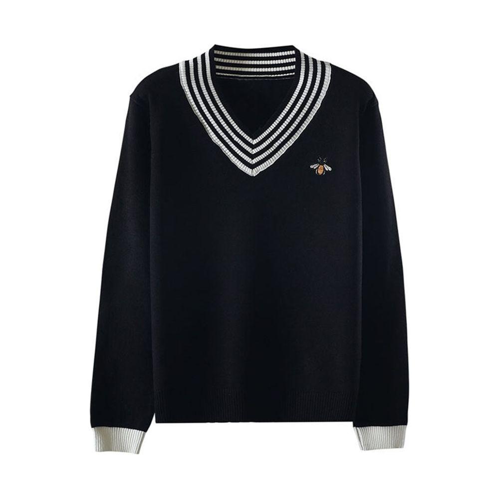 European Style Spring Autumn Women Bee Embroidery Sweater Elegant V-neck Knitted Loose Striped Long Sleeve Pullover - Frimunt Clothing Co.
