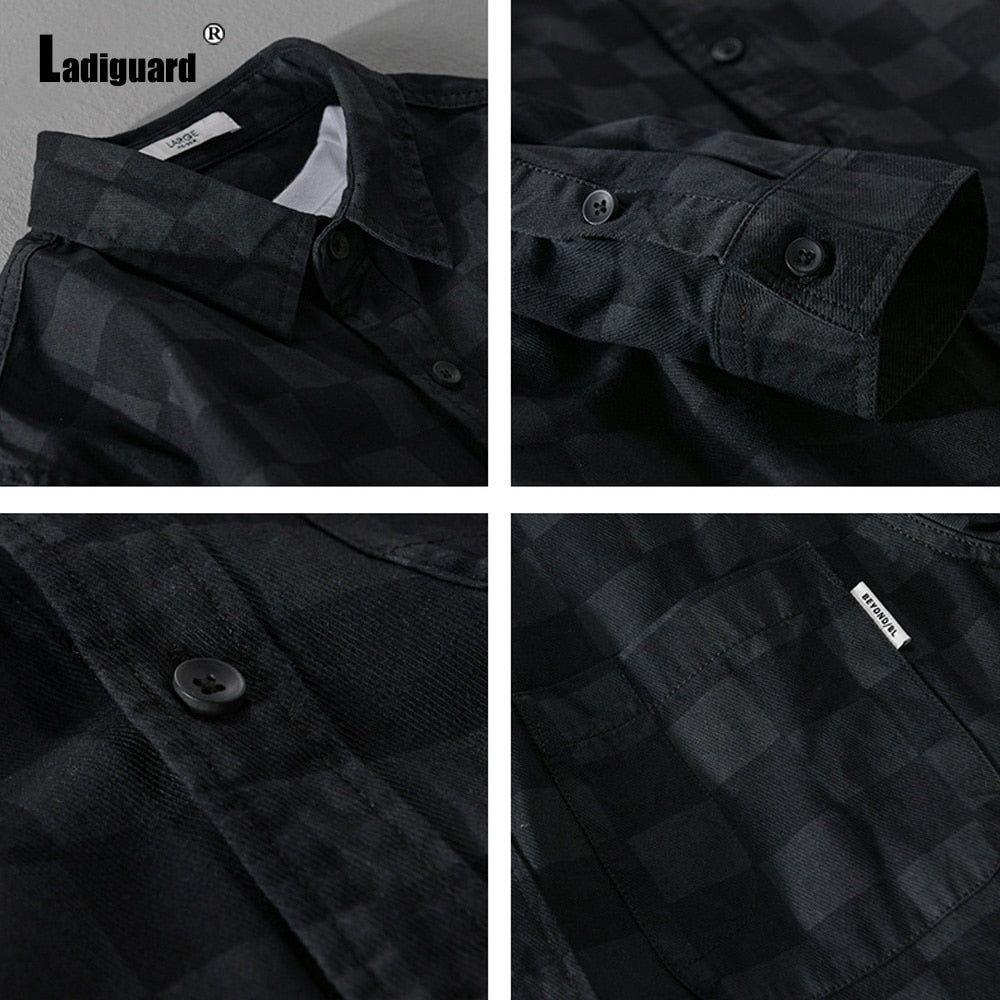 Men's Long Sleeves Black Plaid Shirt Vintage Style Front Single Pocket - Frimunt Clothing Co.