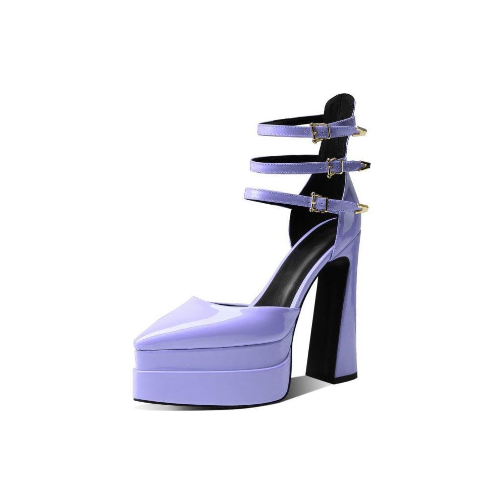 New Patent Leather Three Buckle Straps Women's Pumps Sexy High Heels Pointy Toe Double Deck Platform - Frimunt Clothing Co.