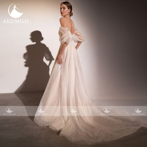 Sherlyn A-Line Beach Wedding Dress 2022 Strapless Off The Shoulder Half Sleeve Beaded Lace Shiny Beading