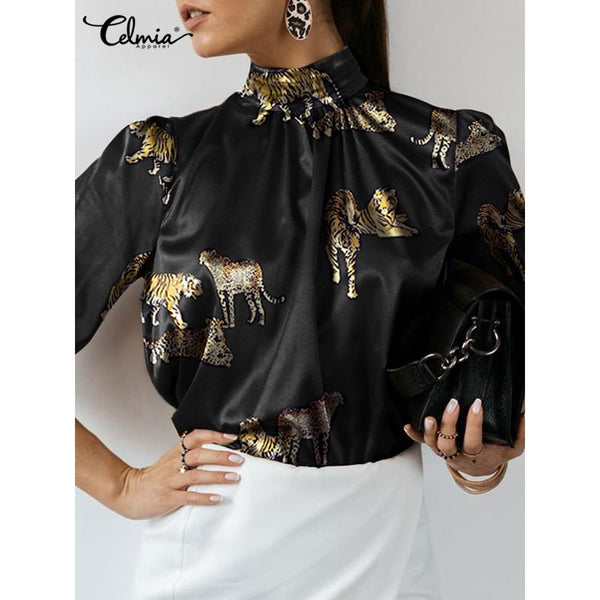 Women's Satin Elegant Blouse Solid And Print Long Sleeve Stand Collar Tops