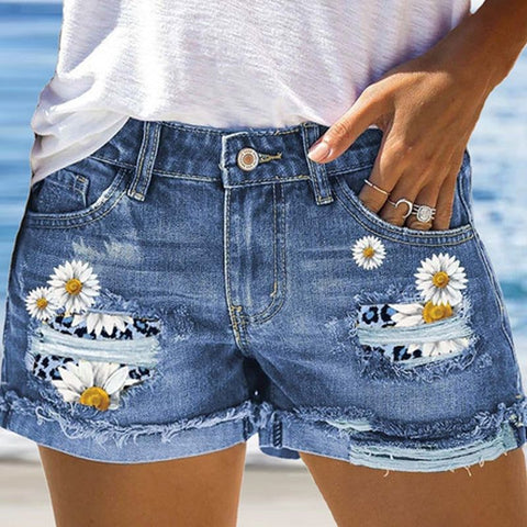 Women's Summer Denim Shorts Plus Size Loose Distressed Printed