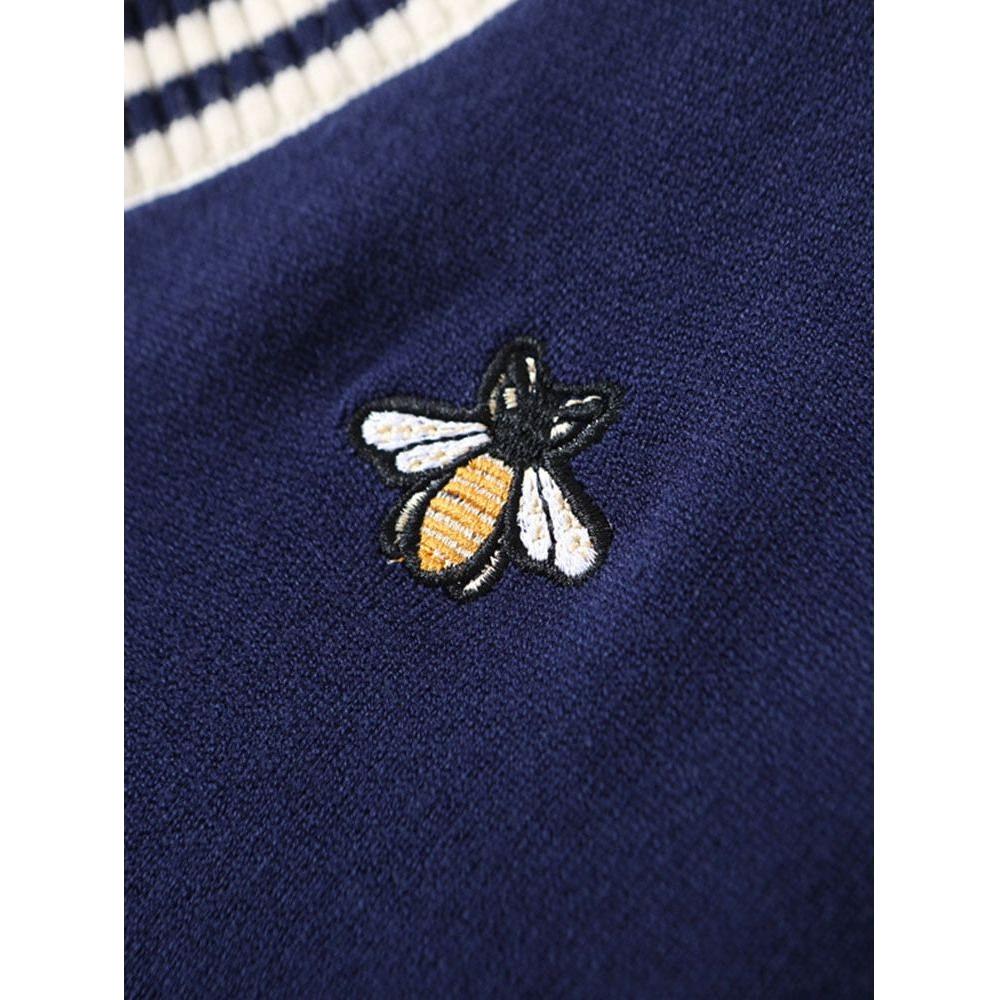 European Style Spring Autumn Women Bee Embroidery Sweater Elegant V-neck Knitted Loose Striped Long Sleeve Pullover - Frimunt Clothing Co.