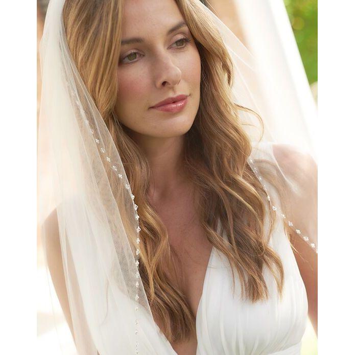 White/ Ivory 1 Tier Crystal Pearls Edged Bridal Veil with Comb - Frimunt Clothing Co.