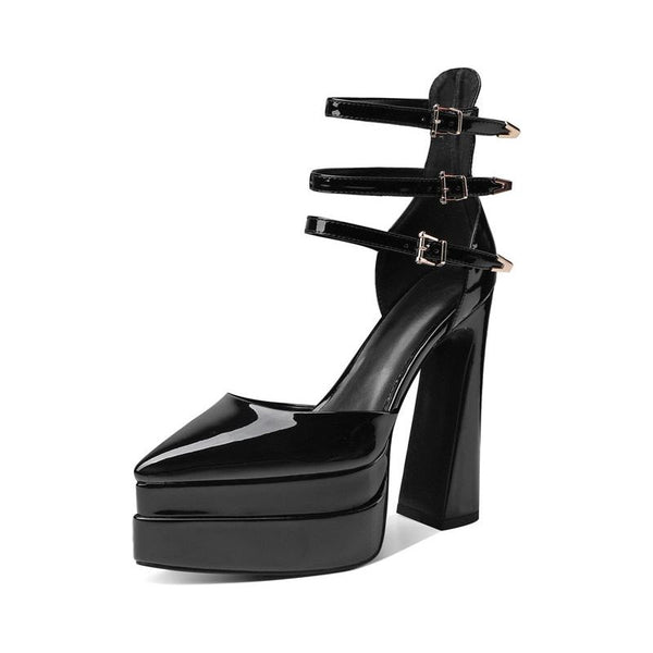 New Patent Leather Three Buckle Straps Women's Pumps Sexy High Heels Pointy Toe Double Deck Platform - Frimunt Clothing Co.
