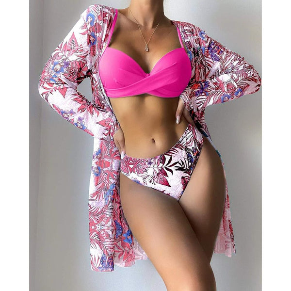 Floral Twist Low Waist 3 Piece Bikini Set + Long Sleeve Cover Up Push Up Swimsuit - Frimunt Clothing Co.