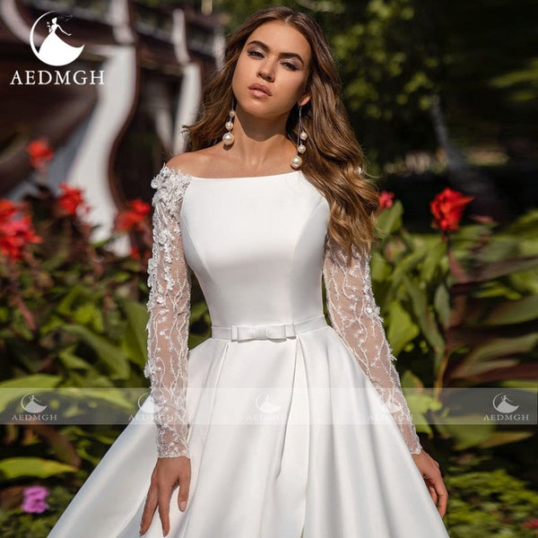 Eloise A-Line Elegant Satin Wedding Dress Lace Beaded Long Sleeve - Frimunt Clothing Co.