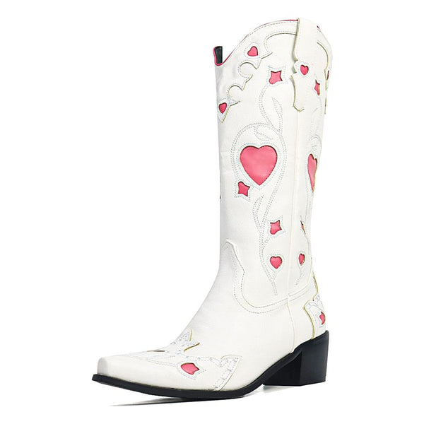 New Women Western Boots Slip-on Heart Embroidery Pointed-toe Chunky High Heels -3 Styles, Many Colors