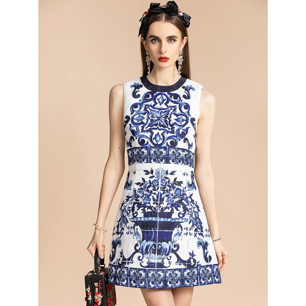 Fashion Designer Summer Women's Mini Dress Elegant Blue and White Porcelain Print