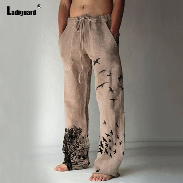Men's Beachwear New Design Linen Pants Casual Drawstring Trouser Plus Sizes Assorted Prints