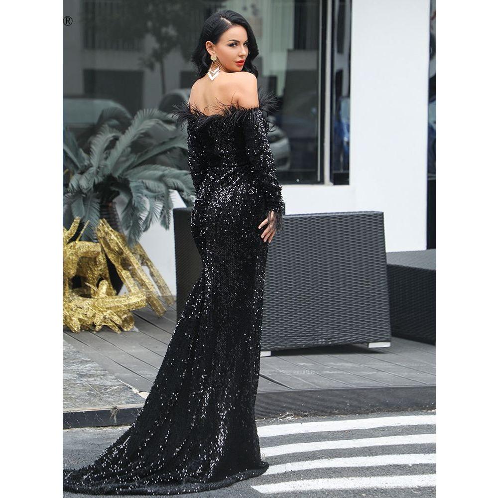 Missord Sexy Off Shoulder Feather Long Sleeve Sequin Dress Elegant Eve Frimunt Clothing Co. Missord Sexy Off Shoulder Feather Long Sleeve Sequin Dress Elegant Eve Frimunt Clothing Co.