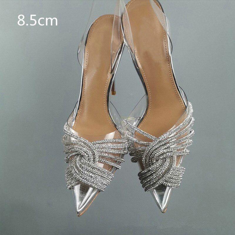 Summer Women's Back Strap Pumps Transparent Rhinestone Pointed Toe High Heels - Frimunt Clothing Co.