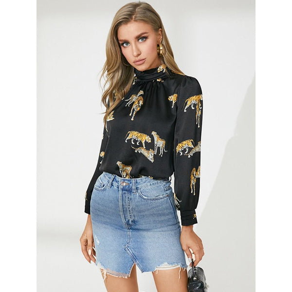 Women's Satin Elegant Blouse Solid And Print Long Sleeve Stand Collar Tops - Frimunt Clothing Co.