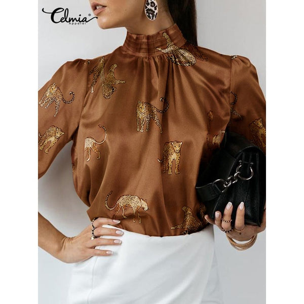 Women's Satin Elegant Blouse Solid And Print Long Sleeve Stand Collar Tops