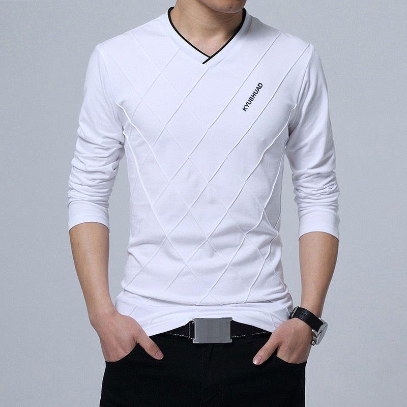 Men's T-shirt Slim Fit High V-Neck Long Sleeve With Geometric Detail Sizes Up to 5XL - Frimunt Clothing Co.