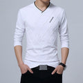 Men's T-shirt Slim Fit High V-Neck Long Sleeve With Geometric Detail Sizes Up to 5XL - Frimunt Clothing Co.