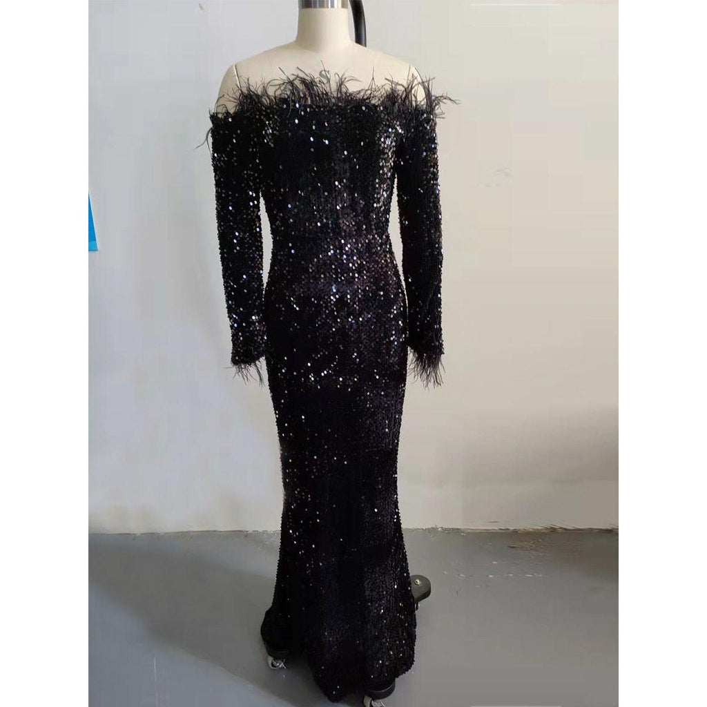 Missord Sexy Off Shoulder Feather Long Sleeve Sequin Dress Elegant Evening Floor Length Reflective Dresses Pure Black - Frimunt Clothing Co.