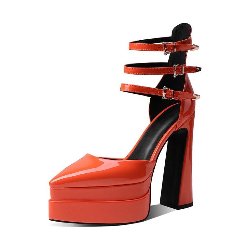 New Patent Leather Three Buckle Straps Women's Pumps Sexy High Heels Pointy Toe Double Deck Platform - Frimunt Clothing Co.