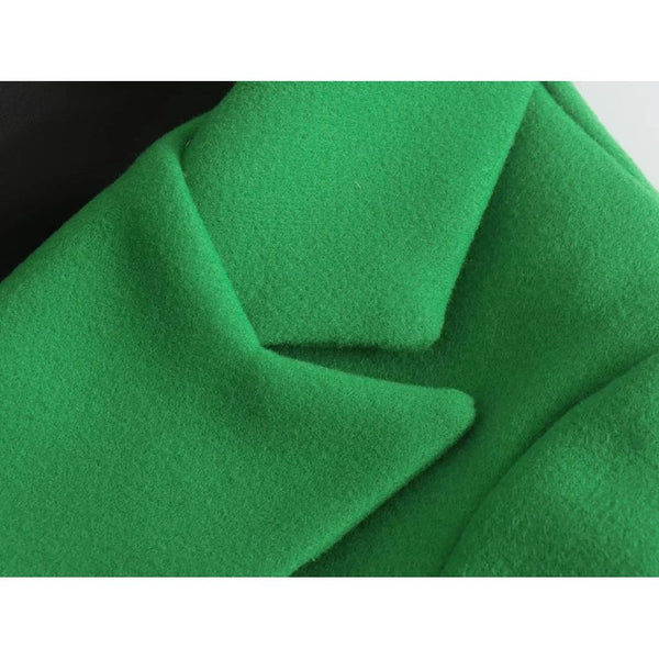 Women Autumn Winter Green Double Breasted Woolen Coat - Frimunt Clothing Co.