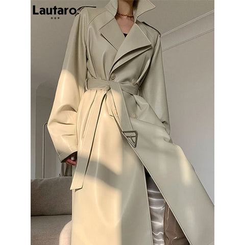Lautaro Autumn Winter Long Faux Leather Trench Coat for Women Belt Double Breasted Luxury Elegant Fashion