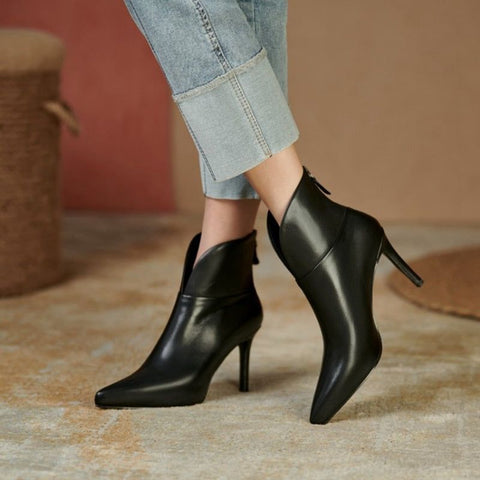 Women's Genuine Leather Pointed Toe Ankle Boots High Heel Elegant Classic Leather Booties - Frimunt Clothing Co.