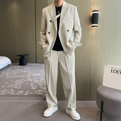 Men Fashion Double Breasted Loose Casual Suits Blazer Wide Leg Pants