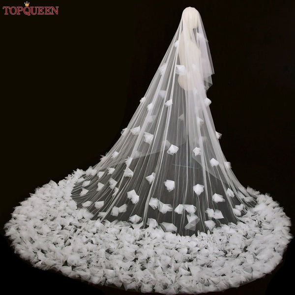 Luxury Wedding Veil with Blusher Soft Tulle 2 Tier Cathedral Length 3- 5M 3D Flowers Veil - Frimunt Clothing Co.