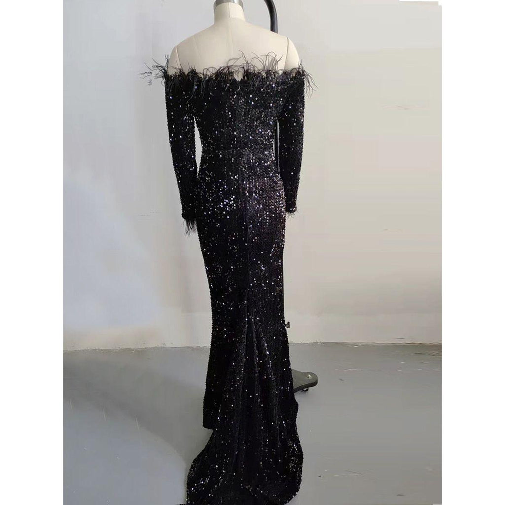 Missord Sexy Off Shoulder Feather Long Sleeve Sequin Dress Elegant Evening Floor Length Reflective Dresses Pure Black - Frimunt Clothing Co.