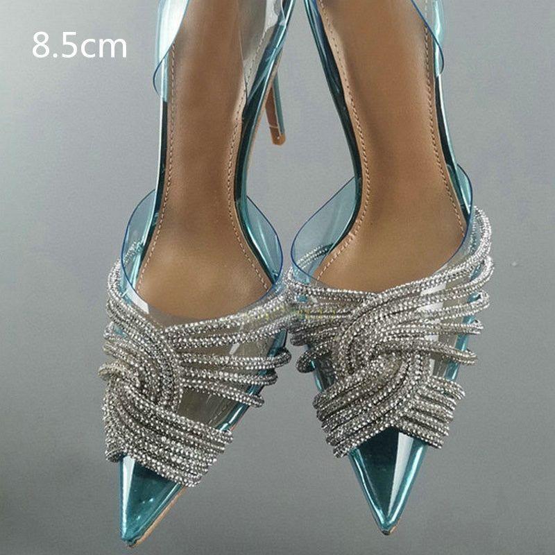 Summer Women's Back Strap Pumps Transparent Rhinestone Pointed Toe High Heels - Frimunt Clothing Co.