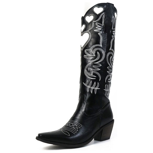 New Women Western Boots Slip-on Heart Embroidery Pointed-toe Chunky High Heels -3 Styles, Many Colors - Frimunt Clothing Co.