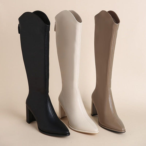 Women's Autumn Winter Eco Leather Knee High Zippered Boots Thick High Heels