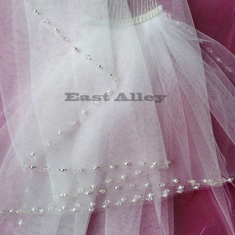 White/ Ivory 1 Tier Crystal Pearls Edged Bridal Veil with Comb - Frimunt Clothing Co.