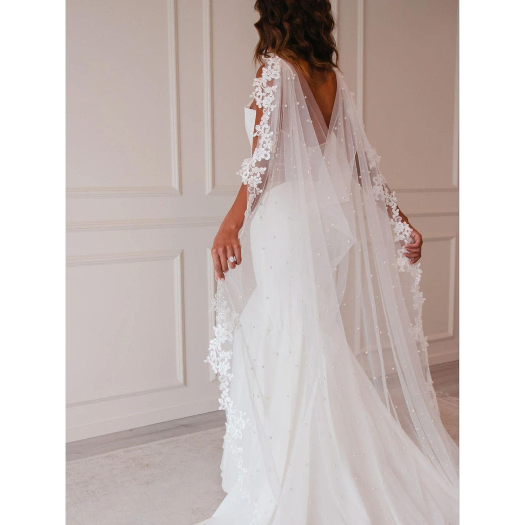 Bridal Shawl Cape With Pearls Beaded Lace - Frimunt Clothing Co.