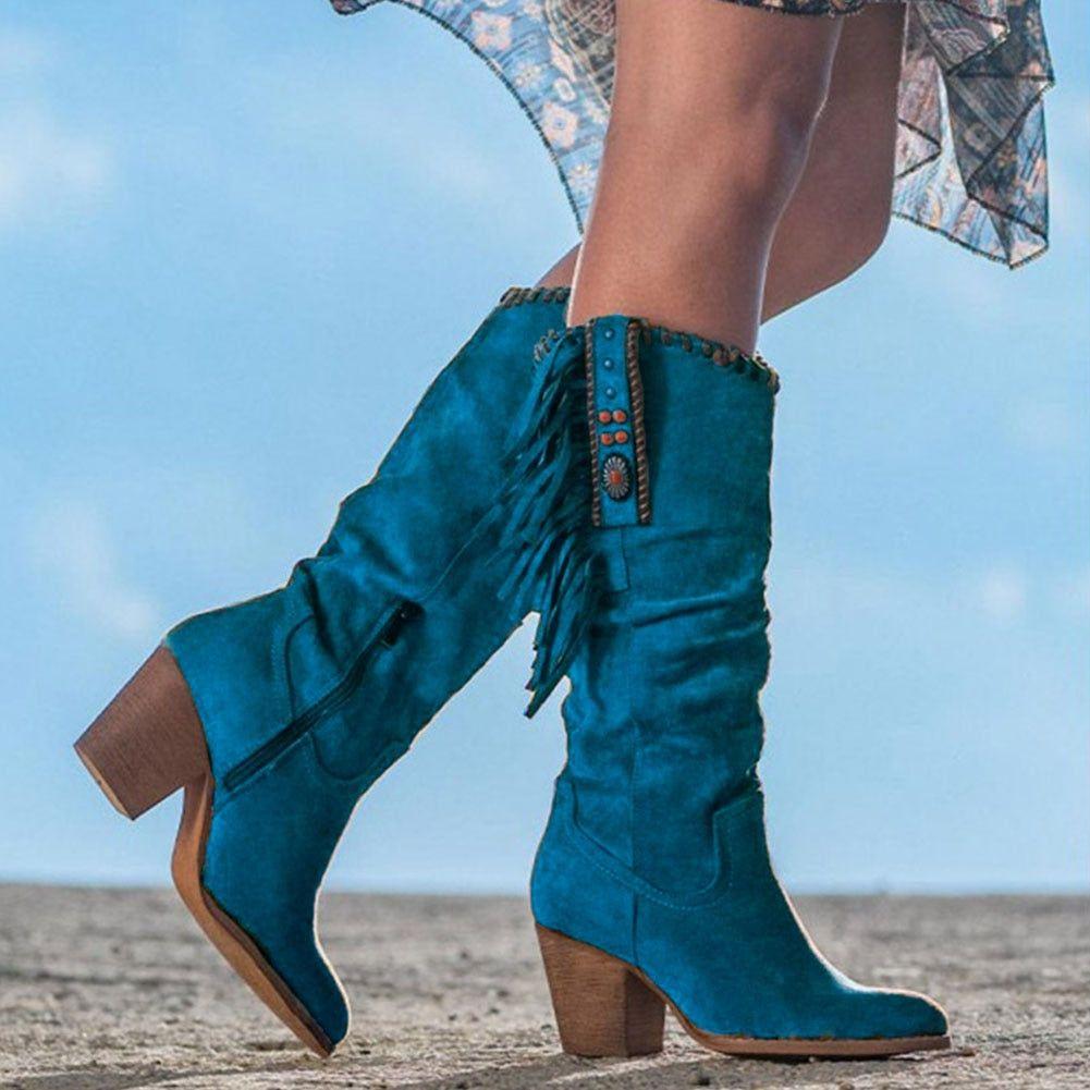Western Cowboy Boots For Women Faux Suede Mid-Calf Side Fringe - Frimunt Clothing Co.