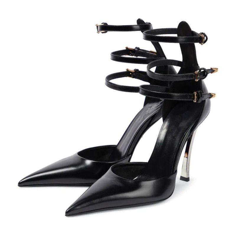 New High-end Metal Heel Stiletto Pointy Toe Triple Strap Pumps - Frimunt Clothing Co.