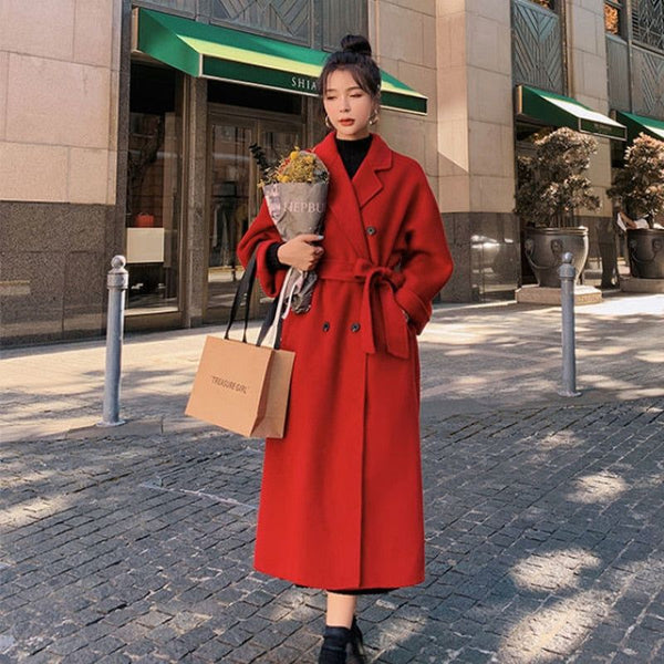 Women's Autumn and Winter Mid-length Thick Woolen Coat Red or Black
