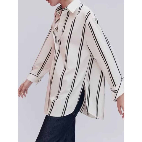 Women 2023 New Fashion Double Stripe Button-up Casual Long Sleeve Chic Shirt