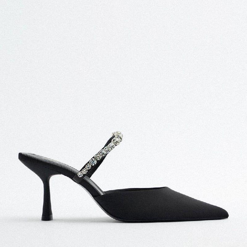 Women's Black High Heel Mules With Rhinestone Chain Pointed Toe Thin Heel - Frimunt Clothing Co.