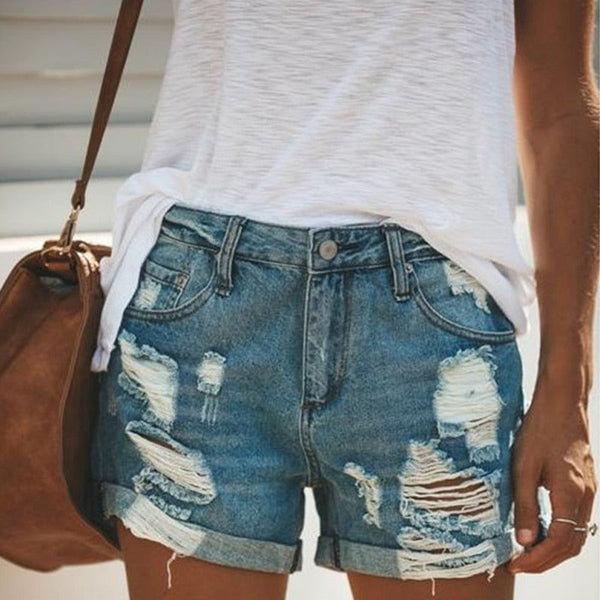 Women's Summer Denim Shorts Plus Size Loose Distressed Printed - Frimunt Clothing Co.