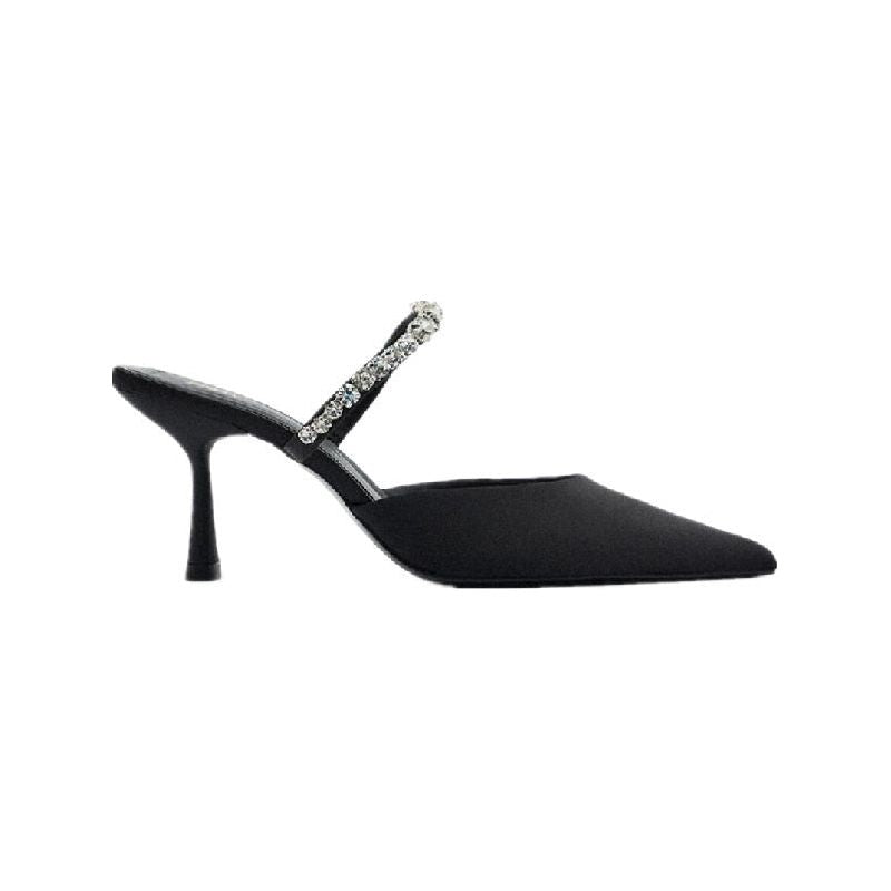 Women's Black High Heel Mules With Rhinestone Chain Pointed Toe Thin Heel - Frimunt Clothing Co.