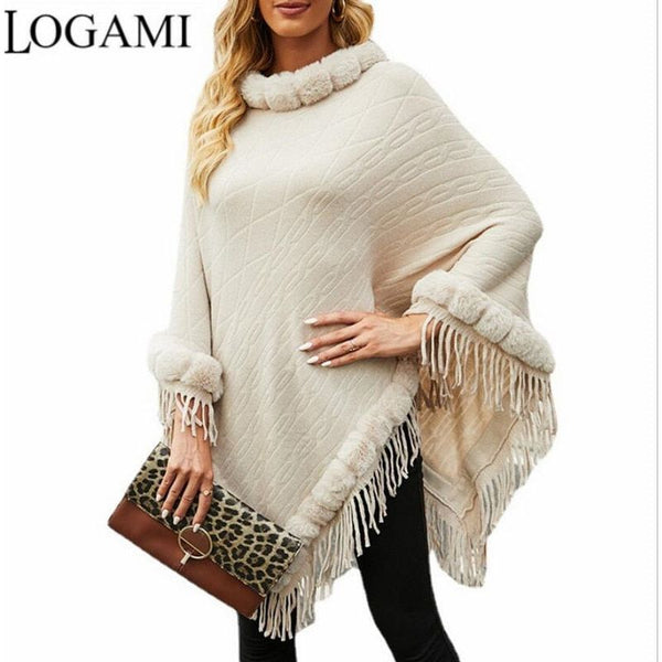 LOGAMI Fur Collar Solid Colors Knitted Cape Shawl Autumn Winter Poncho