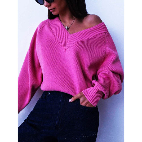 Women's Full Sleeve V neck Sweater Loose Fit Solid Colors Knitwear