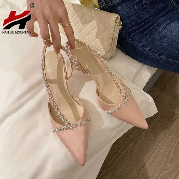 Women's Pumps Satin Black Rhinestone Chain Decoration Pointed Toe Stiletto High Heels Classy Shoes - Frimunt Clothing Co.