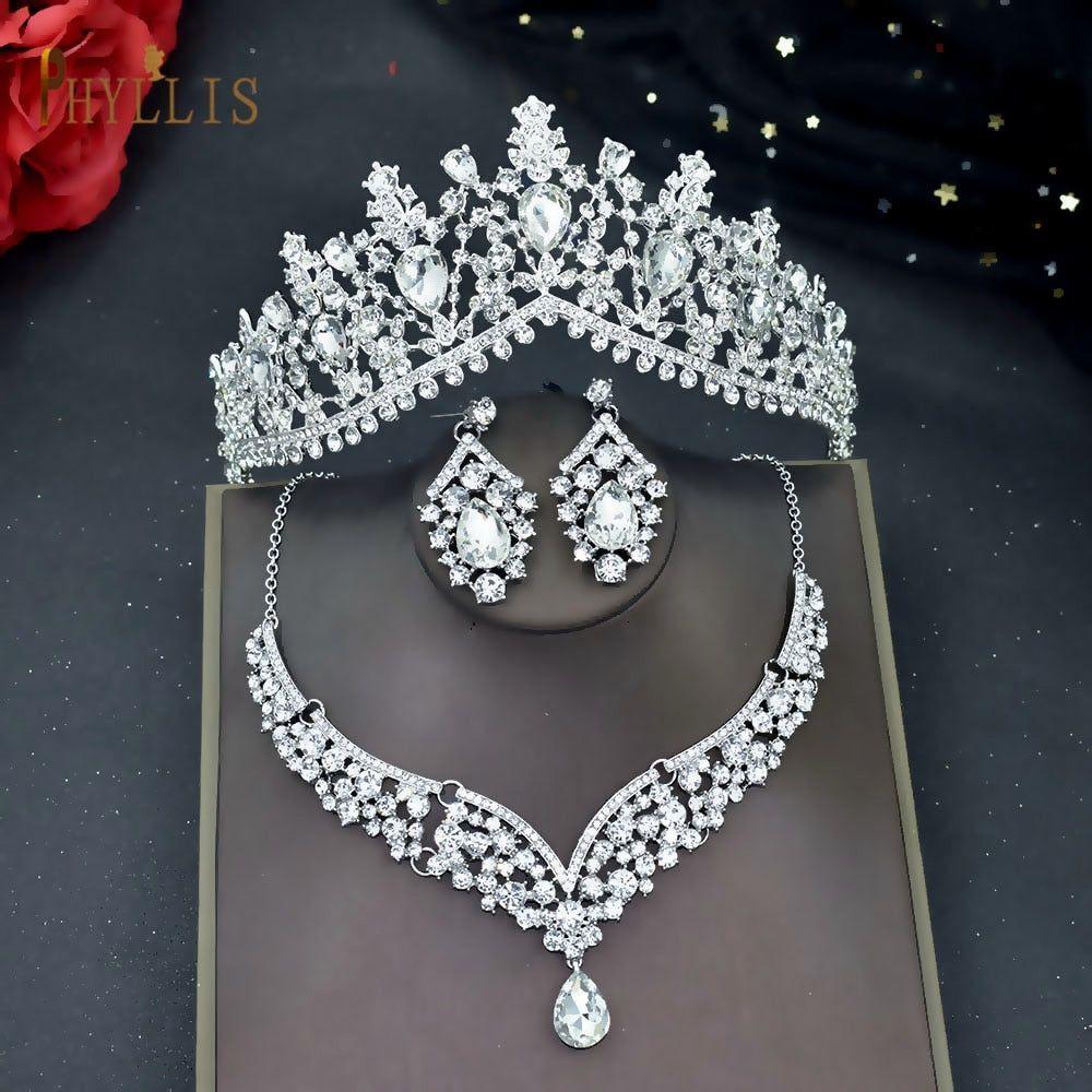 Bridal Crown Earrings Necklace Set Premium Headwear Rhinestone Headpiece Jewelry - Frimunt Clothing Co.
