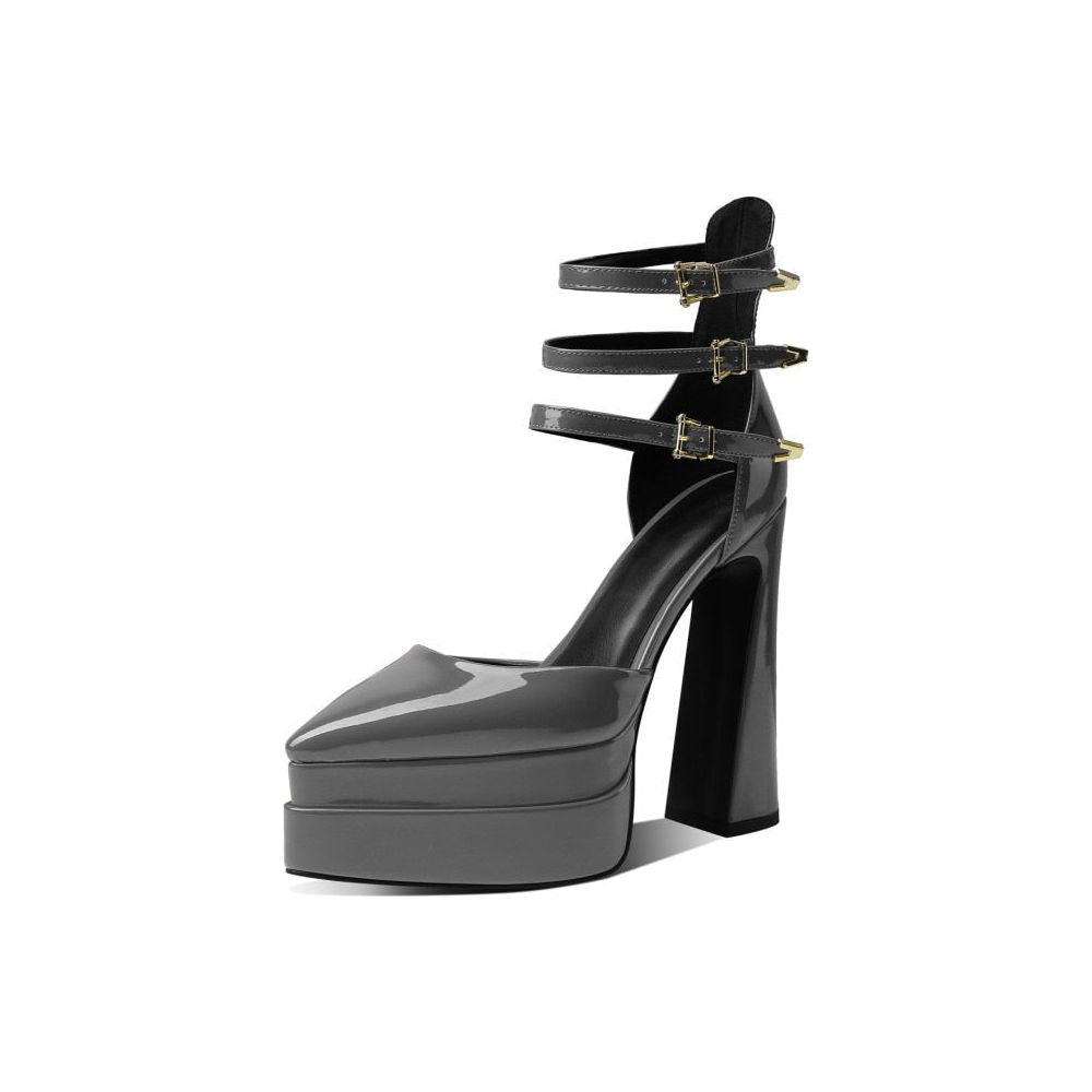 New Patent Leather Three Buckle Straps Women's Pumps Sexy High Heels Pointy Toe Double Deck Platform - Frimunt Clothing Co.