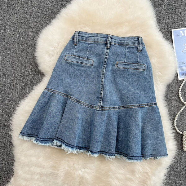 Women's Denim Skirt Slimming A-Line Trumpet Silhouette Pearls Embroidered 2022 Spring Summer - Frimunt Clothing Co.